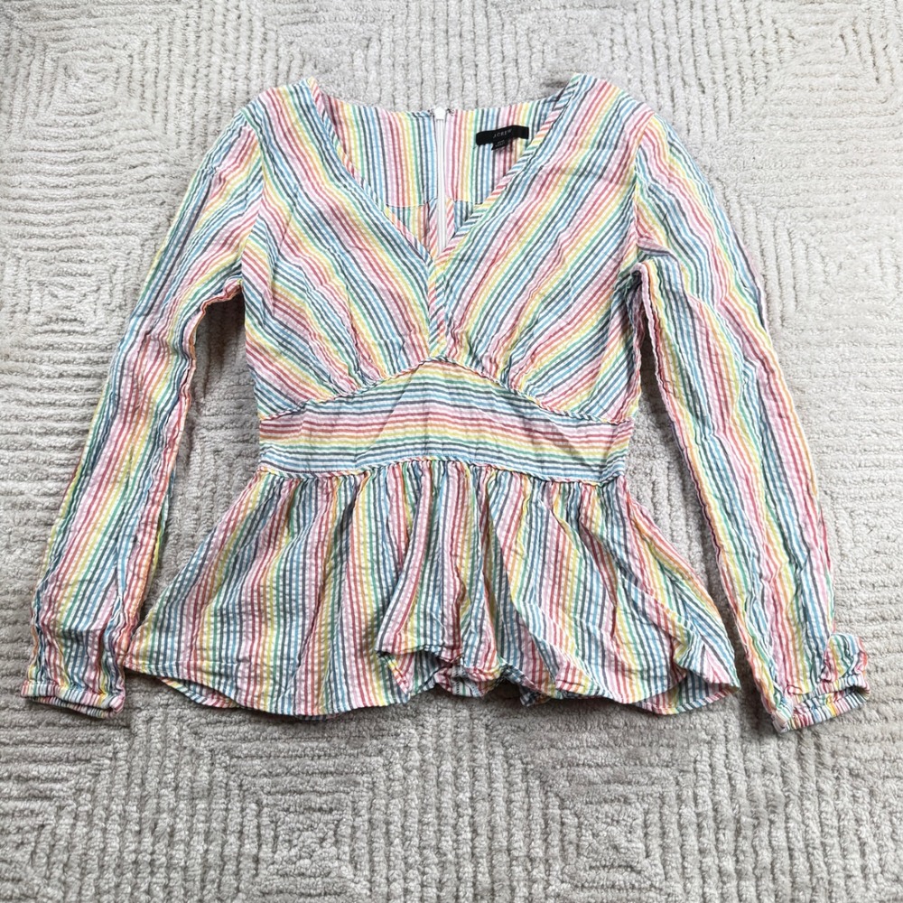J.Crew Rainbow Seersucker Peplum Top Womens 00 Multi Color Stripe Preppy Pride